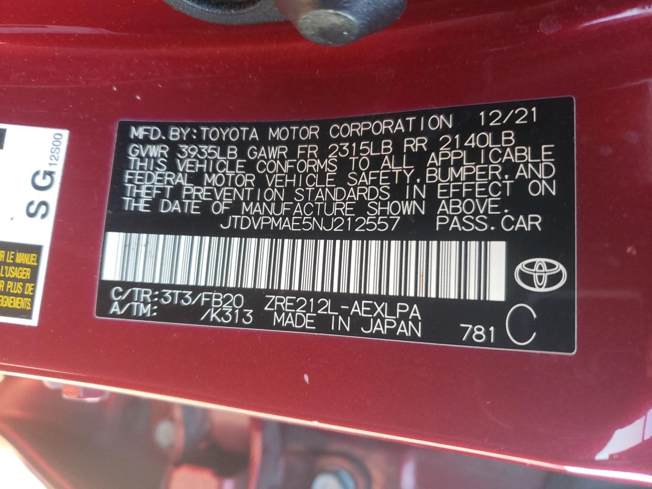 2022 TOYOTA COROLLA LE VIN:JTDVPMAE5NJ212557