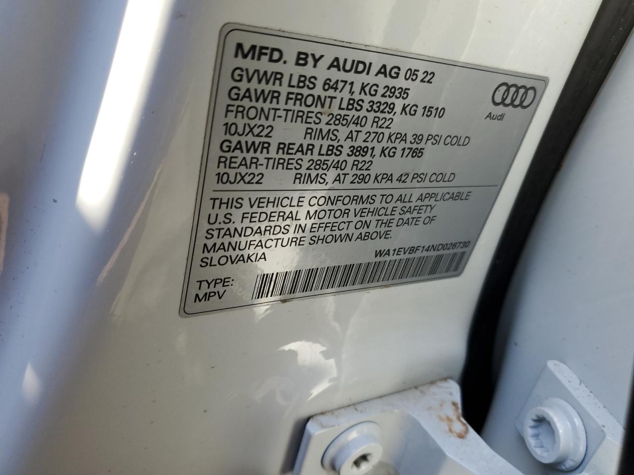 2022 AUDI Q8 PREMIUM PLUS S-LINE VIN:WA1EVBF14ND026730