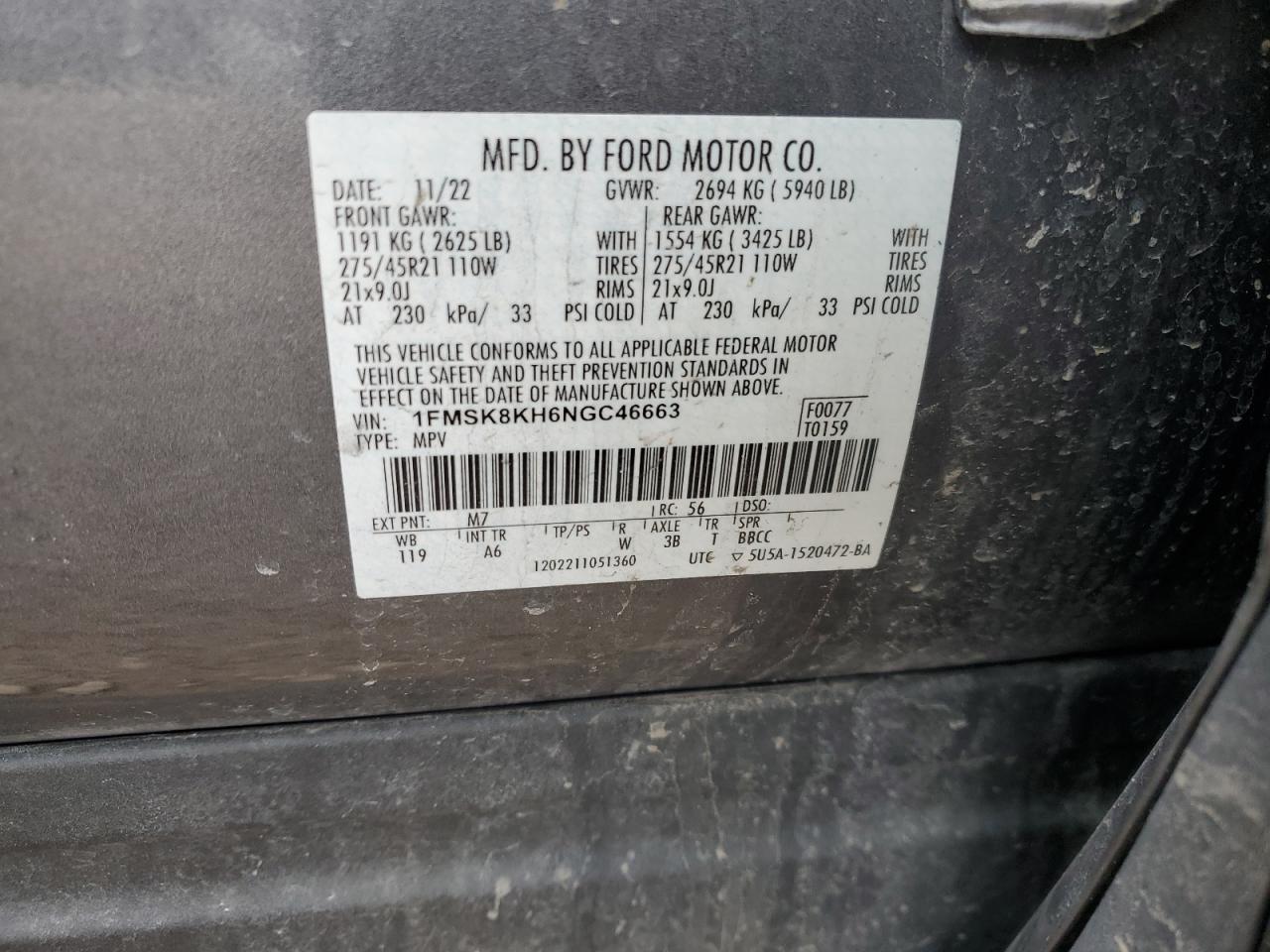 2022 FORD EXPLORER ST-LINE VIN:1FMSK8KH6NGC46663