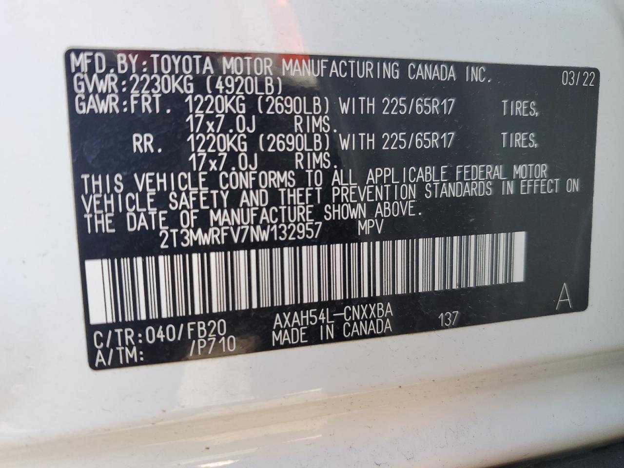 2022 TOYOTA RAV4 LE VIN:2T3MWRFV7NW132957