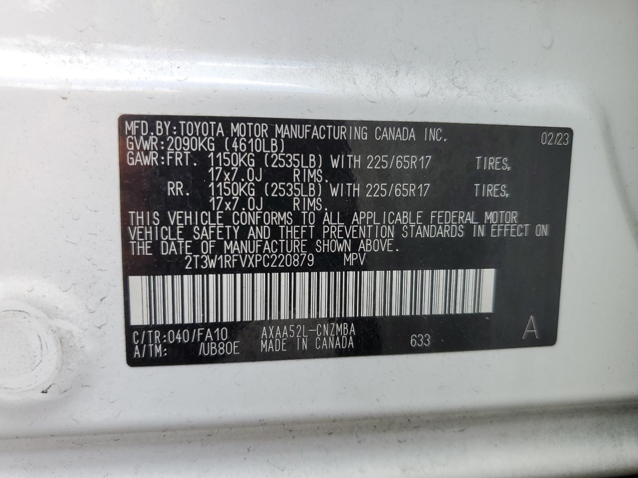 2023 TOYOTA RAV4 XLE VIN:2T3W1RFVXPC220879