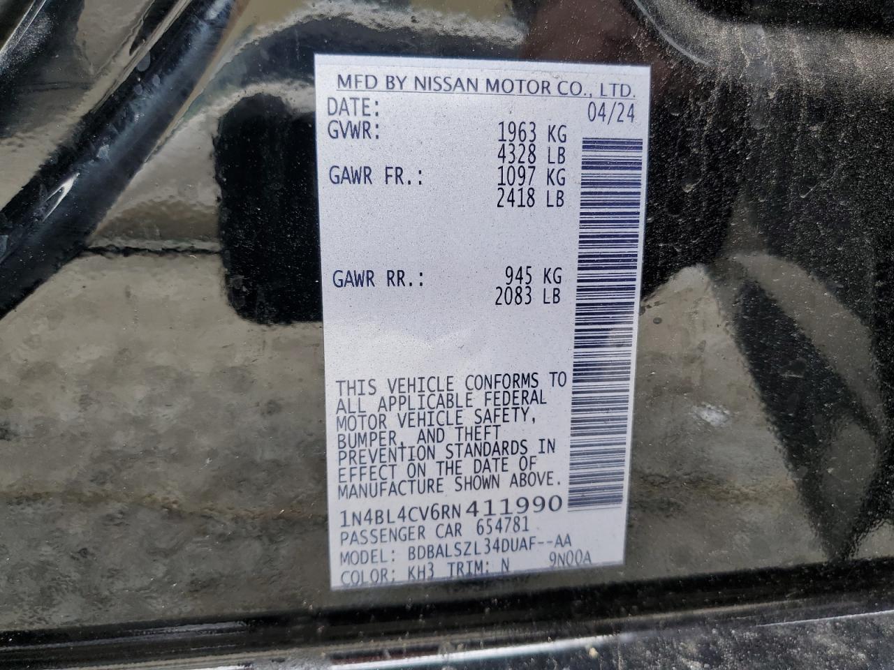 2024 NISSAN ALTIMA SR VIN:1N4BL4CV6RN411990