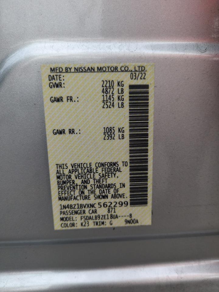 2022 NISSAN LEAF S PLUS VIN:1N4BZ1BVXNC562299