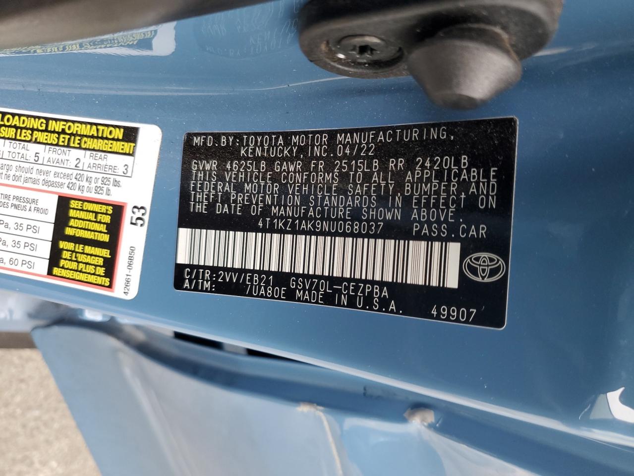 2022 TOYOTA CAMRY TRD VIN:4T1KZ1AK9NU068037