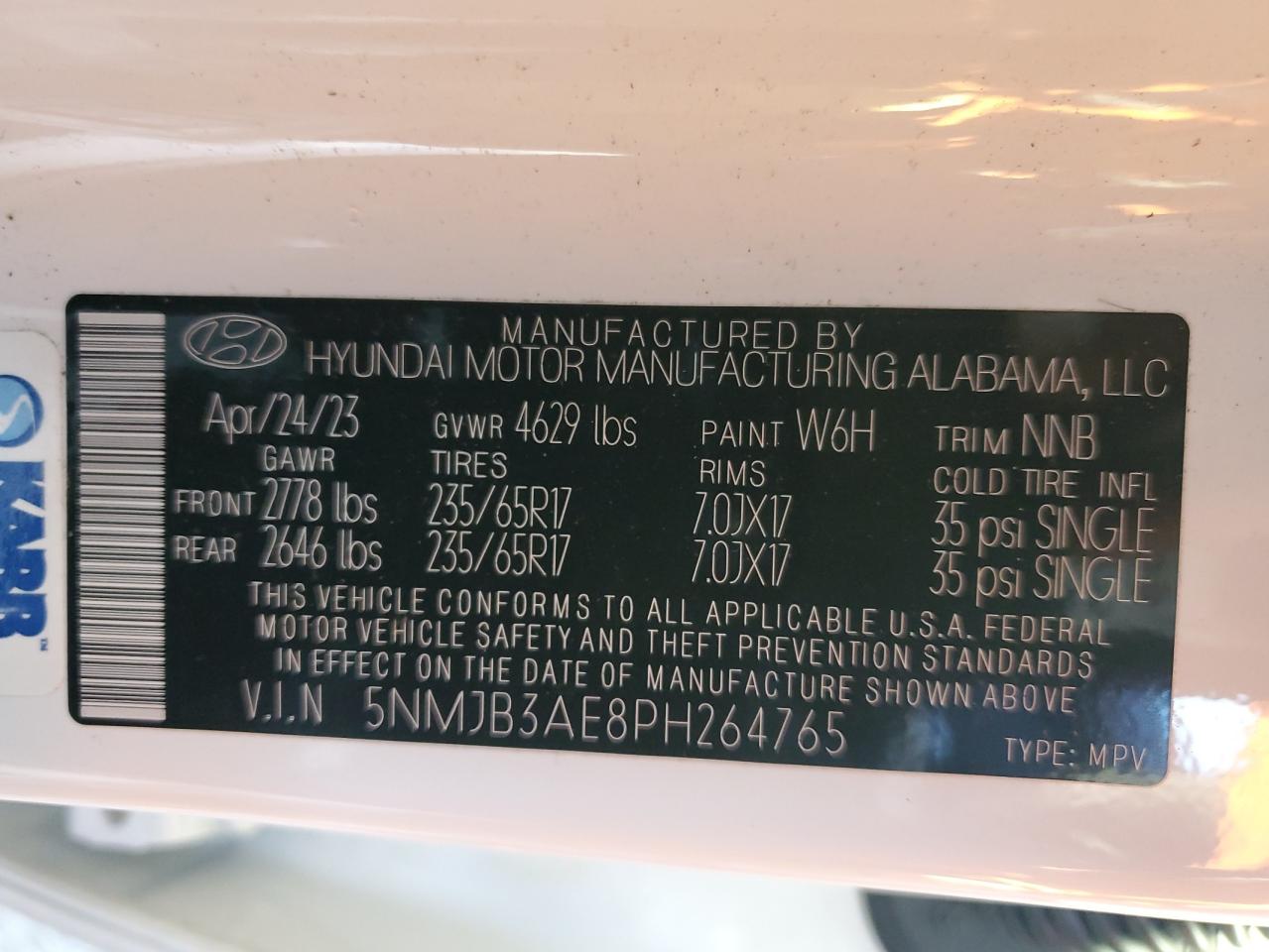 2023 HYUNDAI TUCSON SEL VIN:5NMJB3AE8PH264765