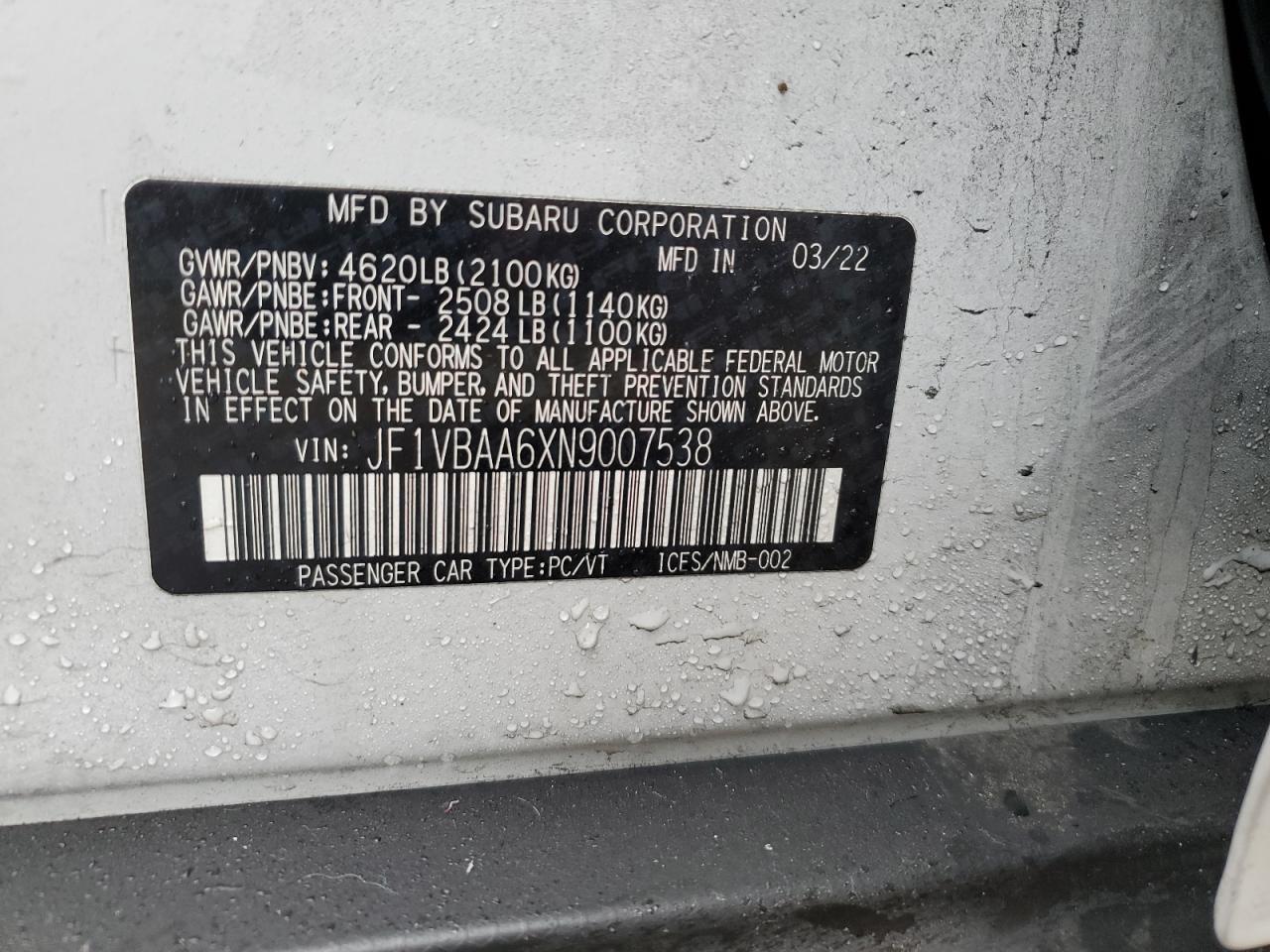 2022 SUBARU WRX VIN:JF1VBAA6XN9007538