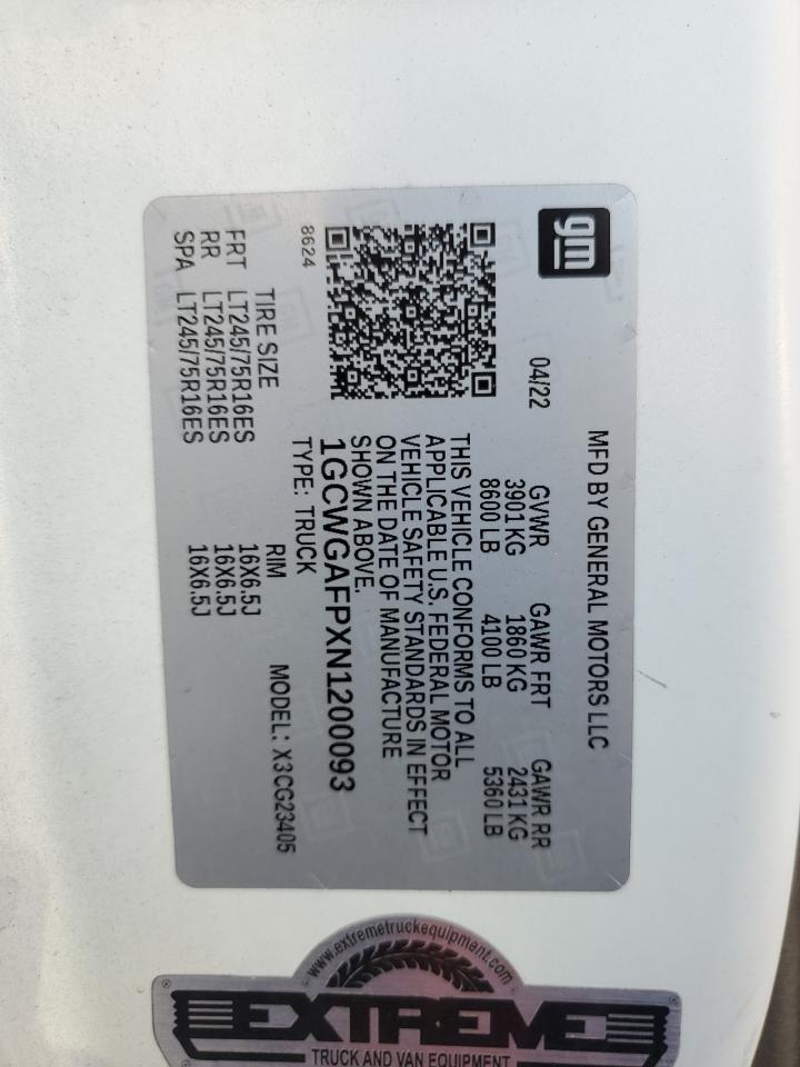 2022 CHEVROLET EXPRESS G2500 VIN:1GCWGAFPXN1200093