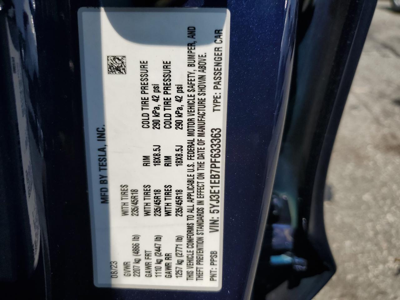 2023 TESLA MODEL 3 VIN:5YJ3E1EB7PF633363