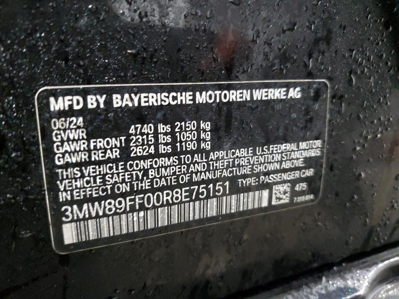 2024 BMW 330XI VIN:3MW89FF00R8E75151