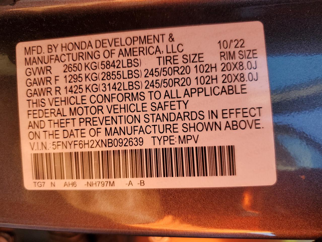 2022 HONDA PILOT SE VIN:5FNYF6H2XNB092639