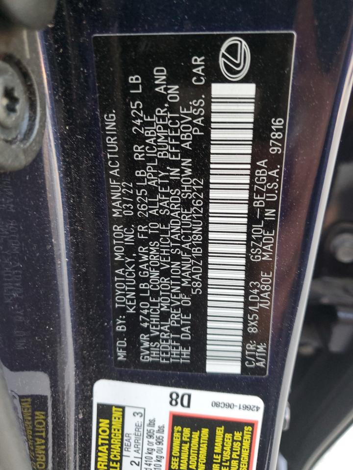 2022 LEXUS ES 350 BASE VIN:58ADZ1B18NU126212