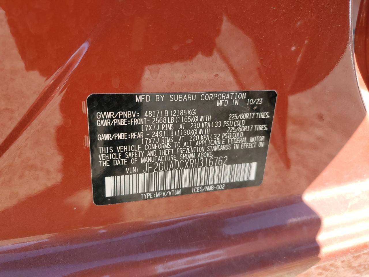 2024 SUBARU CROSSTREK PREMIUM VIN:JF2GUADCXRH316762
