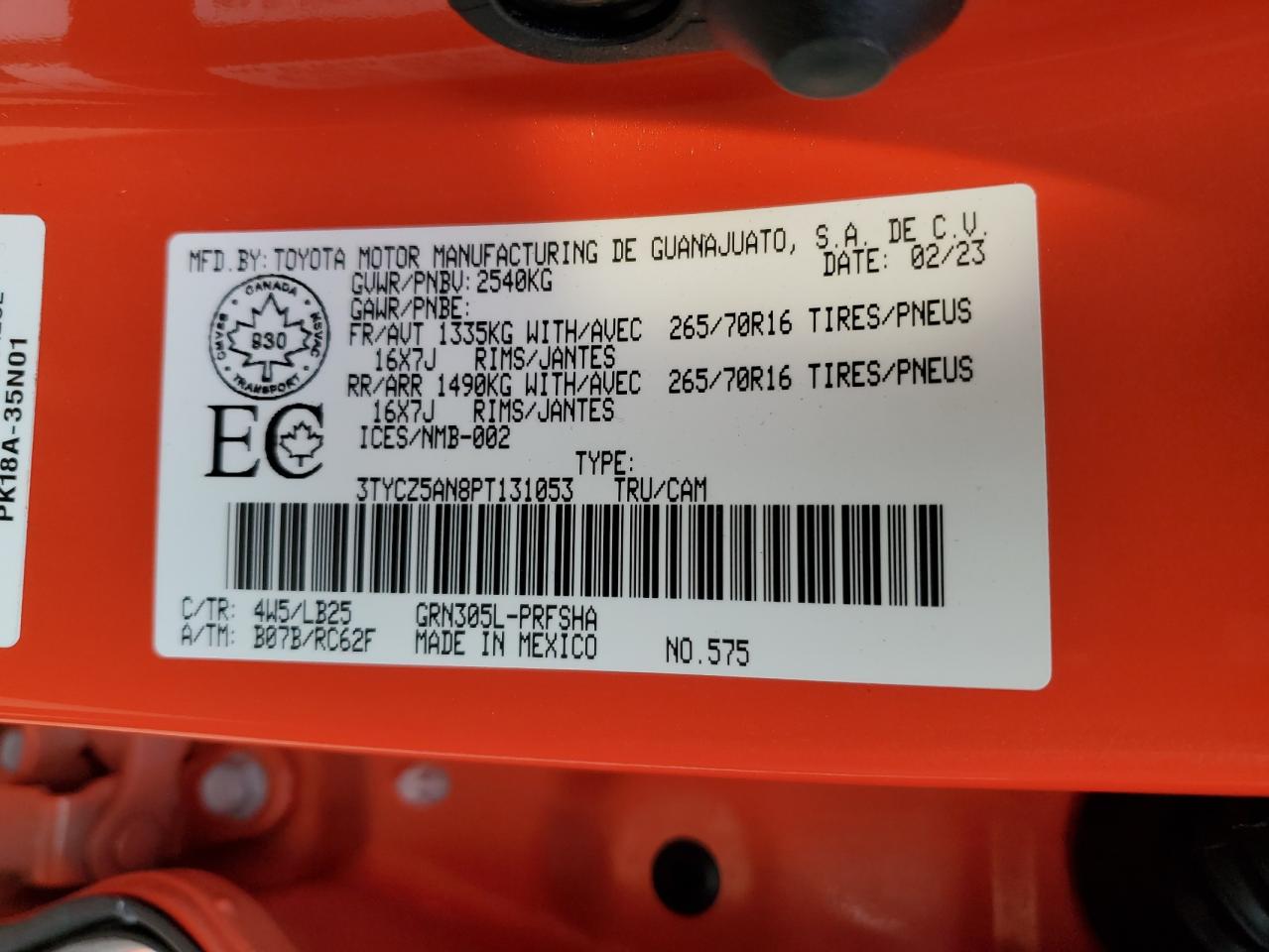 2023 TOYOTA TACOMA DOUBLE CAB VIN:WP0AA2A8XNS255297