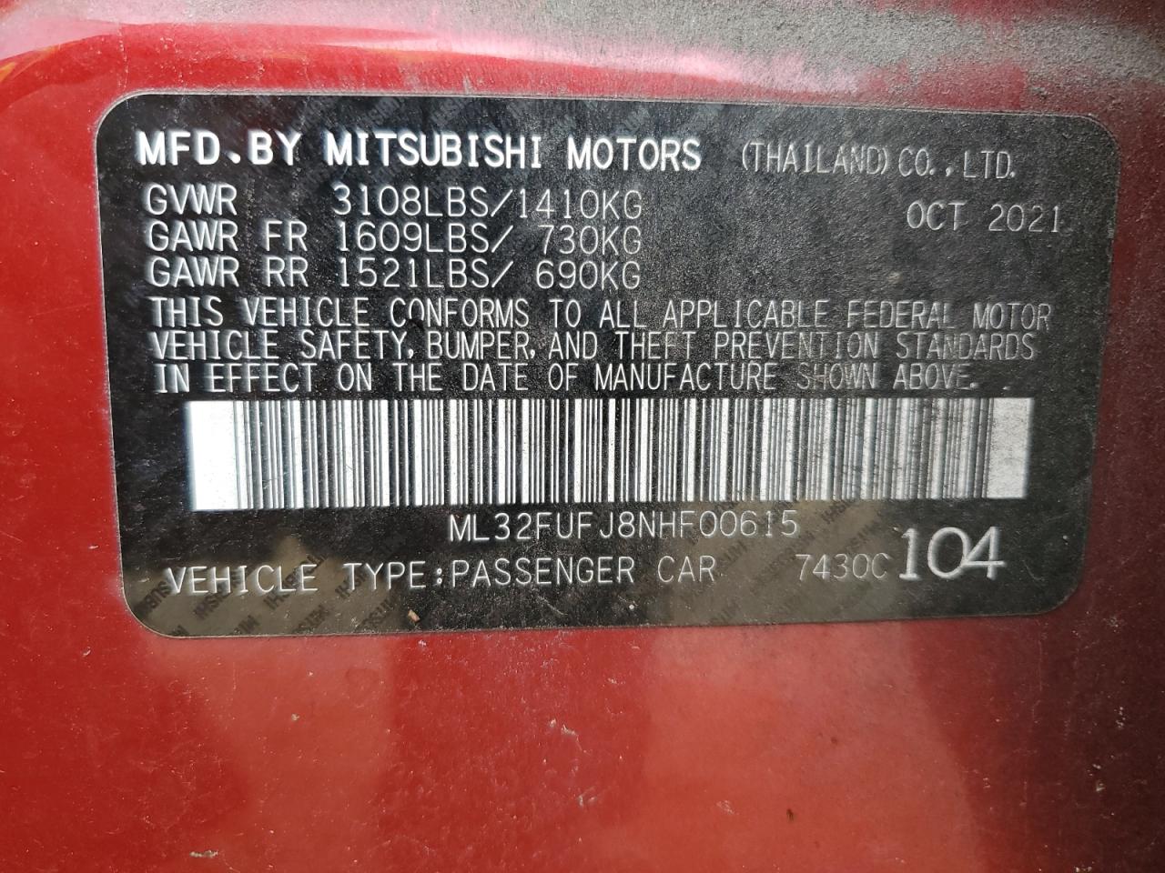 2022 MITSUBISHI MIRAGE G4 ES VIN:ML32FUFJ8NHF00615