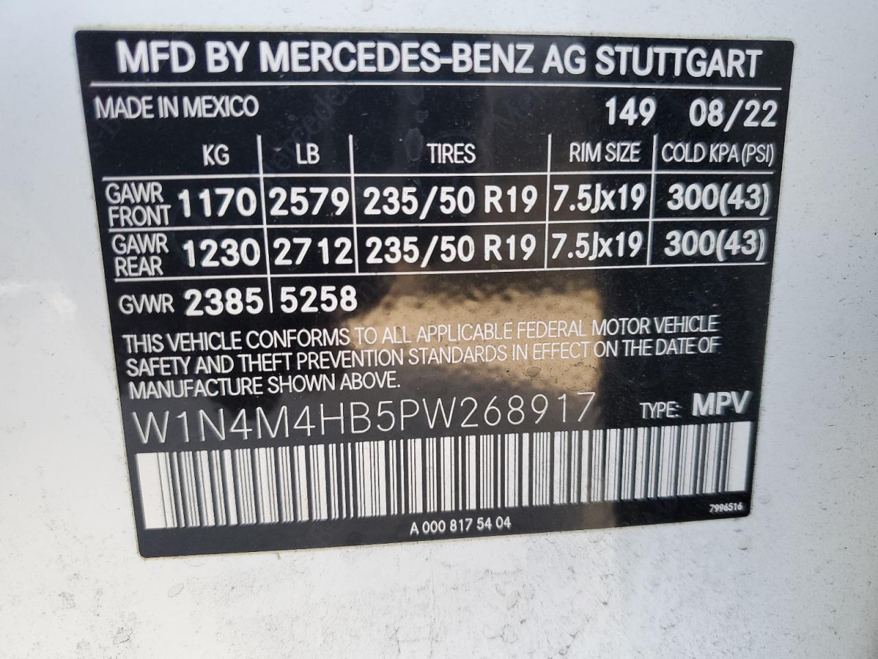 2023 MERCEDES-BENZ GLB 250 4MATIC VIN:W1N4M4HB5PW268917