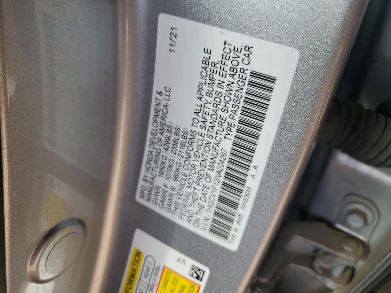 2022 HONDA ACCORD LX VIN:1HGCV1F12NA004297