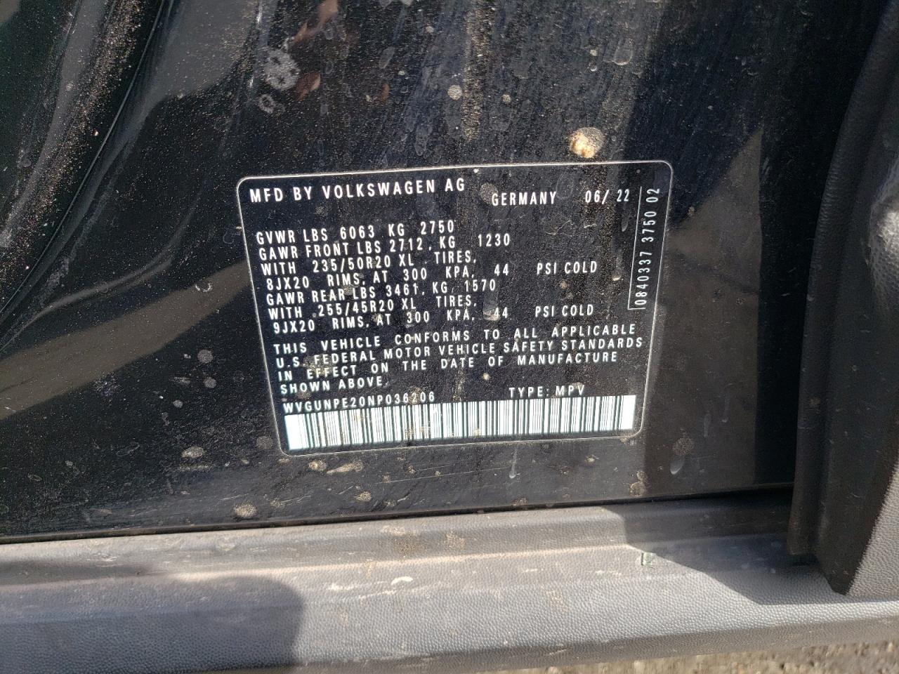 2022 VOLKSWAGEN ID.4 PRO S VIN:WVGUNPE20NP036206