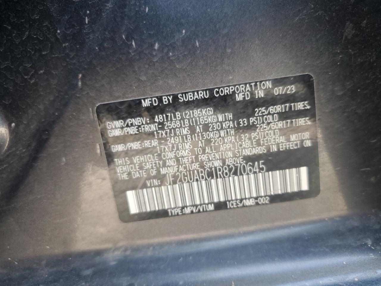 2024 SUBARU CROSSTREK VIN:JF2GUABC1R8270645