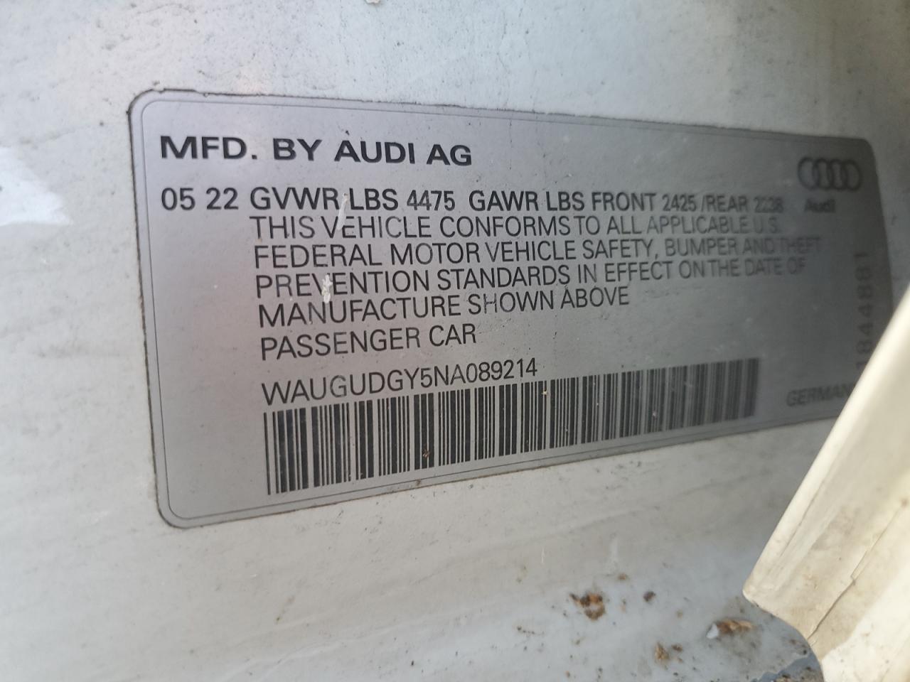 2022 AUDI A3 PREMIUM VIN:WAUGUDGY5NA089214