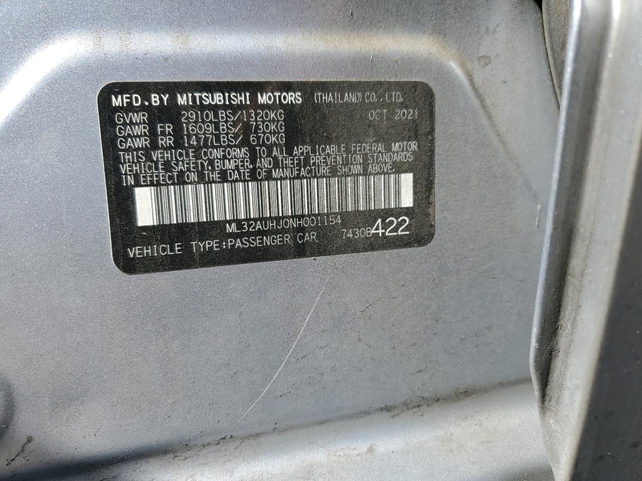 2022 MITSUBISHI MIRAGE ES VIN:ML32AUHJ0NH001154