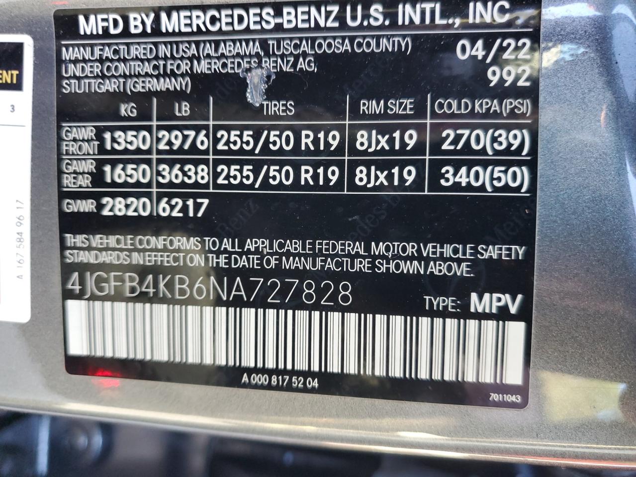 2022 MERCEDES-BENZ GLE 350 4MATIC VIN:4JGFB4KB6NA727828