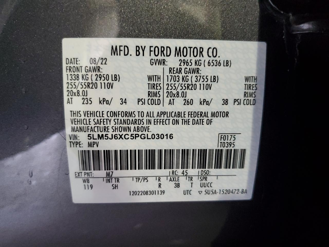 2023 LINCOLN AVIATOR VIN:5LM5J6XC5PGL03016