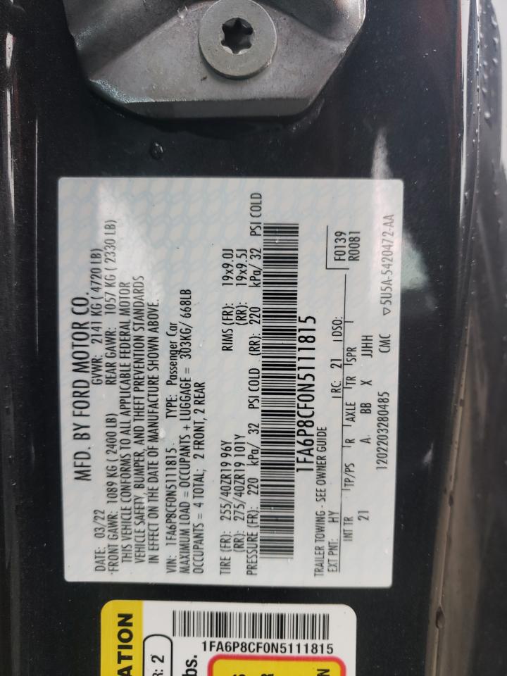 2022 FORD MUSTANG GT VIN:1FA6P8CF0N5111815