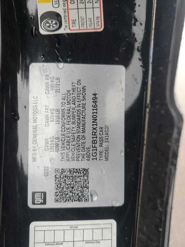 2022 CHEVROLET CAMARO LS VIN:1G1FB1RX1N0116494