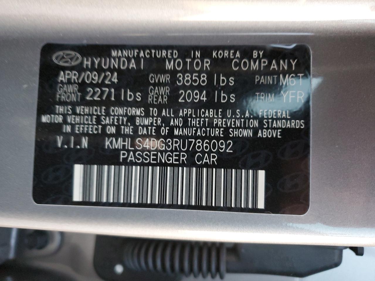 2024 HYUNDAI ELANTRA SEL VIN:KMHLS4DG3RU786092