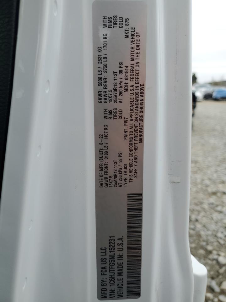 2022 JEEP GLADIATOR OVERLAND VIN:1C6HJTFG5NL152231