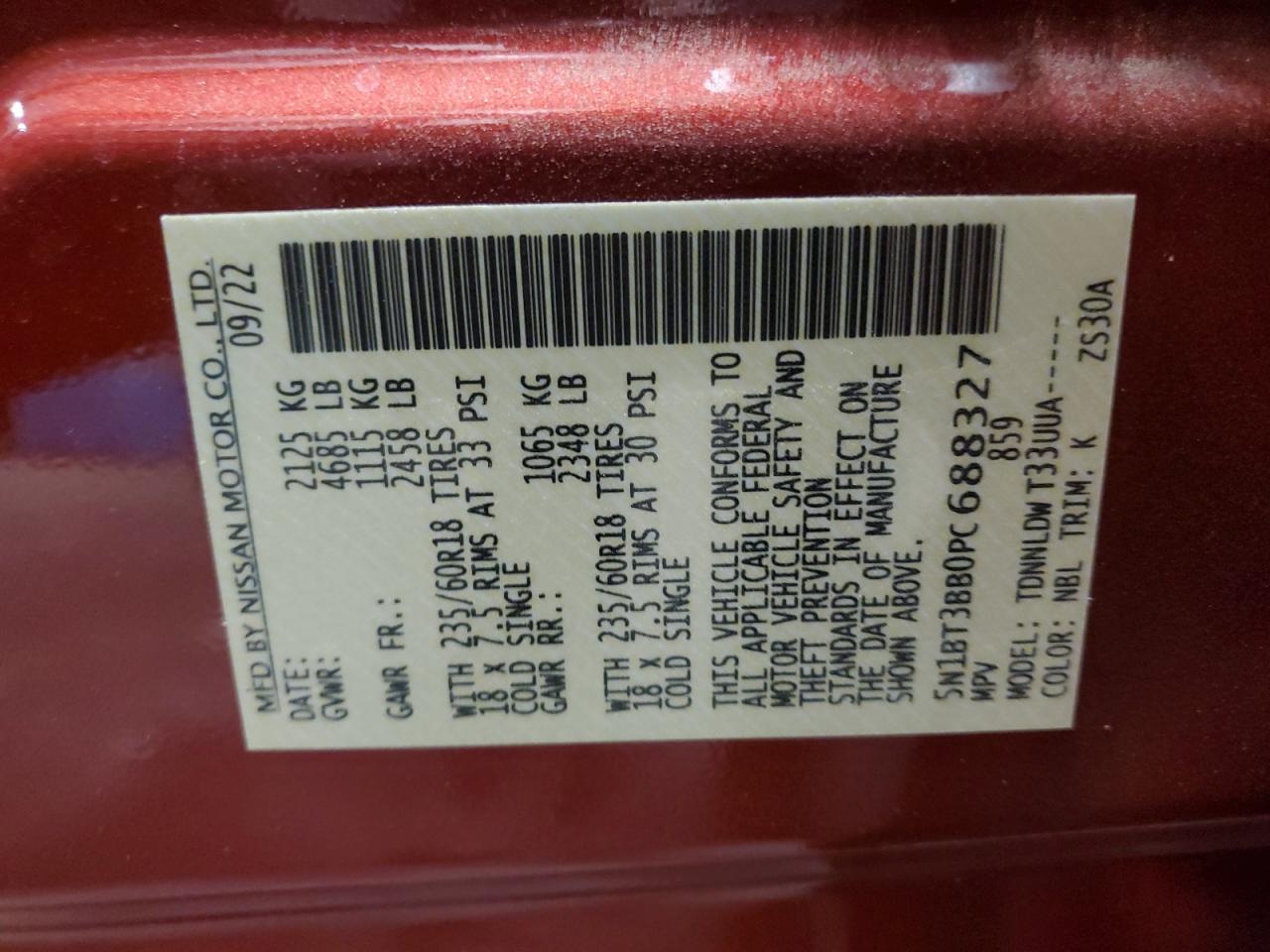 2023 NISSAN ROGUE SV VIN:5N1BT3BB0PC688327