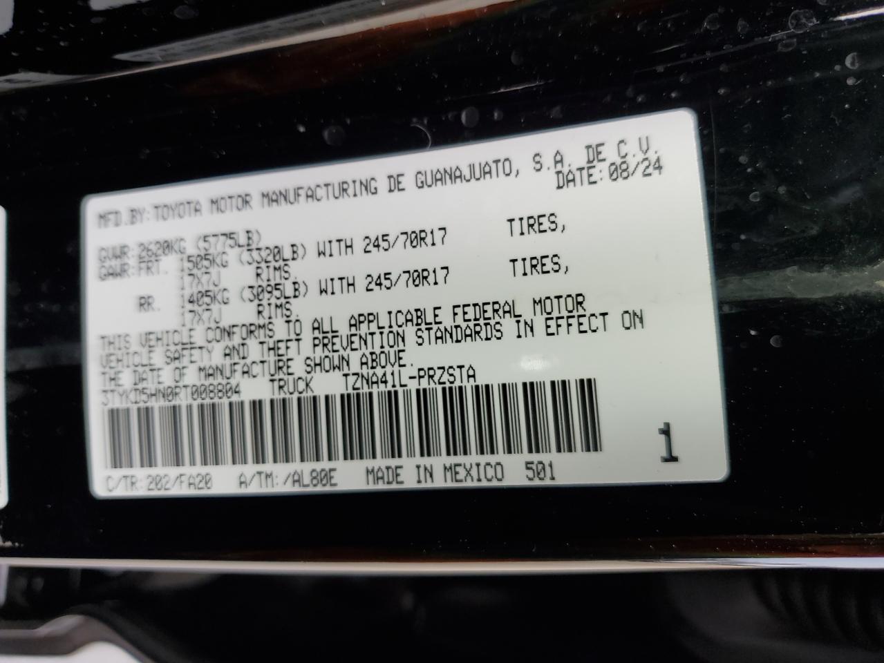2024 TOYOTA TACOMA DOUBLE CAB VIN:3TYKD5HN0RT008804