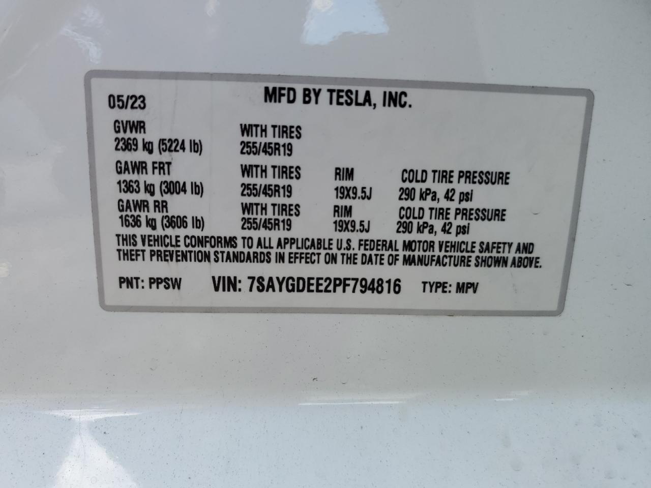 2023 TESLA MODEL Y VIN:7SAYGDEE2PF794816