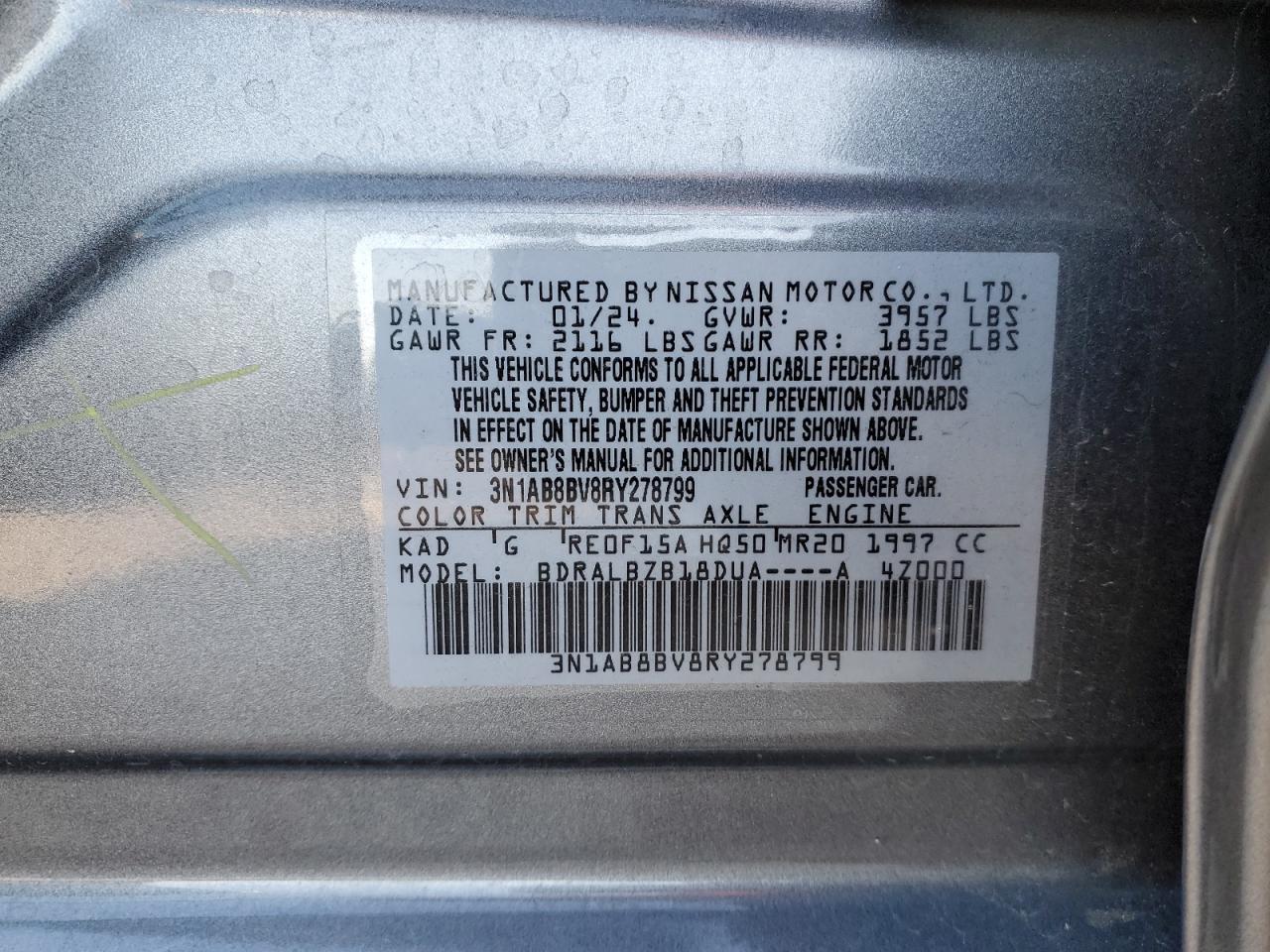 2024 NISSAN SENTRA S VIN:3N1AB8BV8RY278799