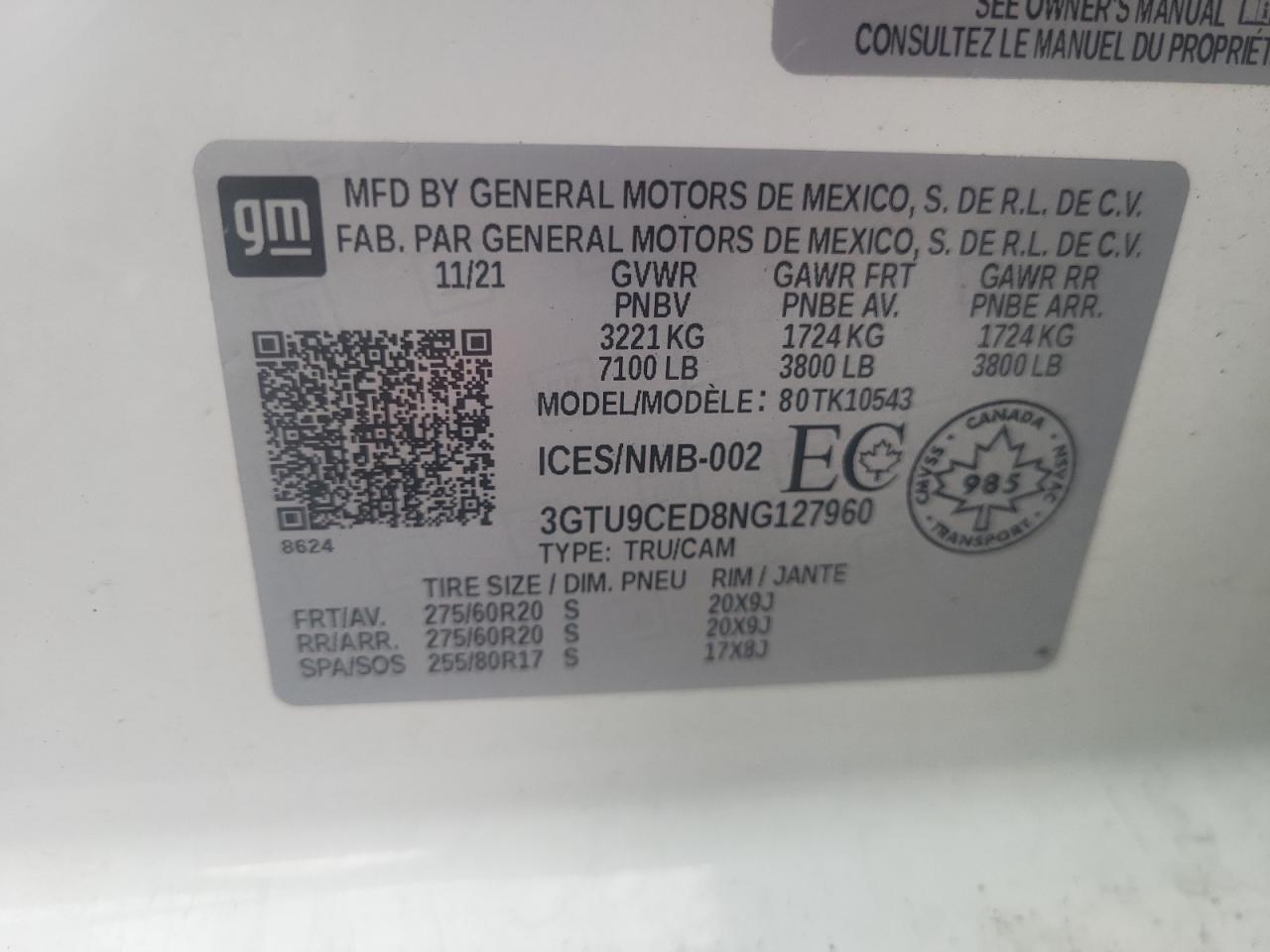 2022 GMC SIERRA LIMITED K1500 ELEVATION VIN:3GTU9CED8NG127960