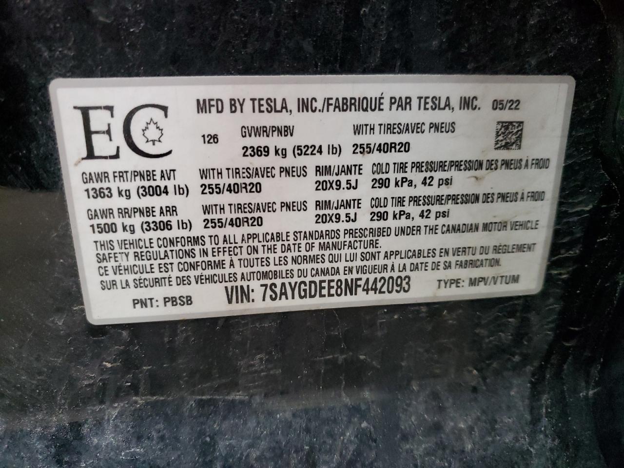 2022 TESLA MODEL Y VIN:7SAYGDEE8NF442093