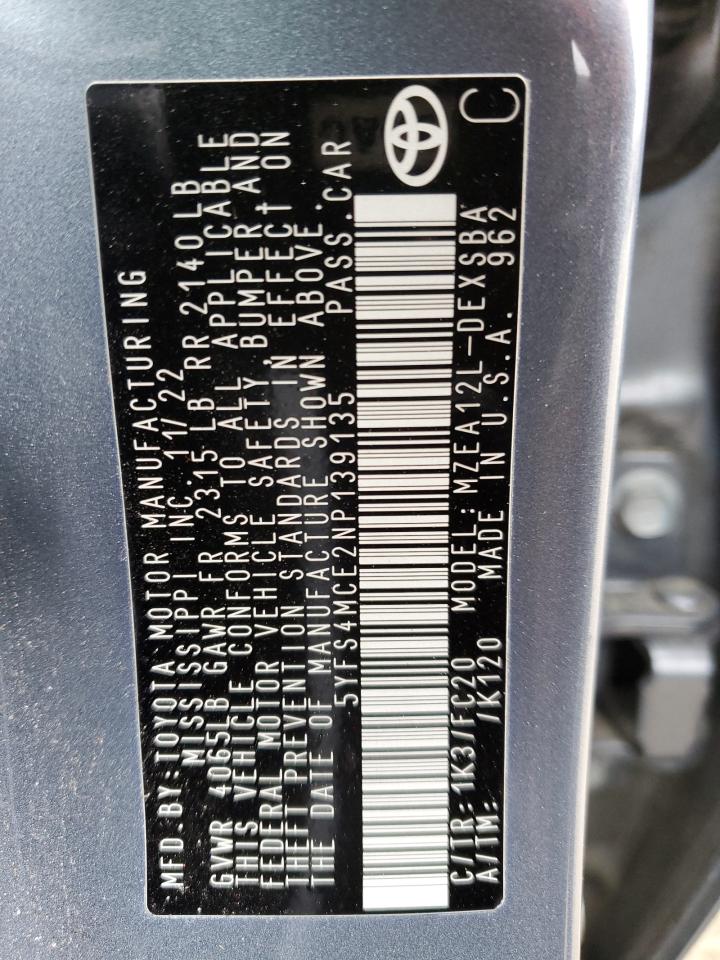 2022 TOYOTA COROLLA SE VIN:5YFS4MCE2NP139135