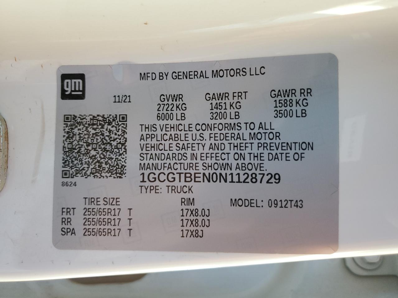 2022 CHEVROLET COLORADO VIN:1GCGTBEN0N1128729