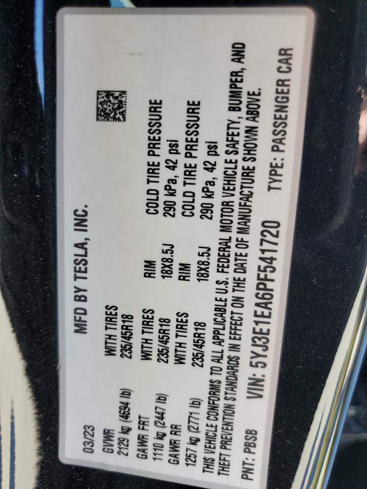 2023 TESLA MODEL 3 VIN:5YJ3E1EA6PF541720
