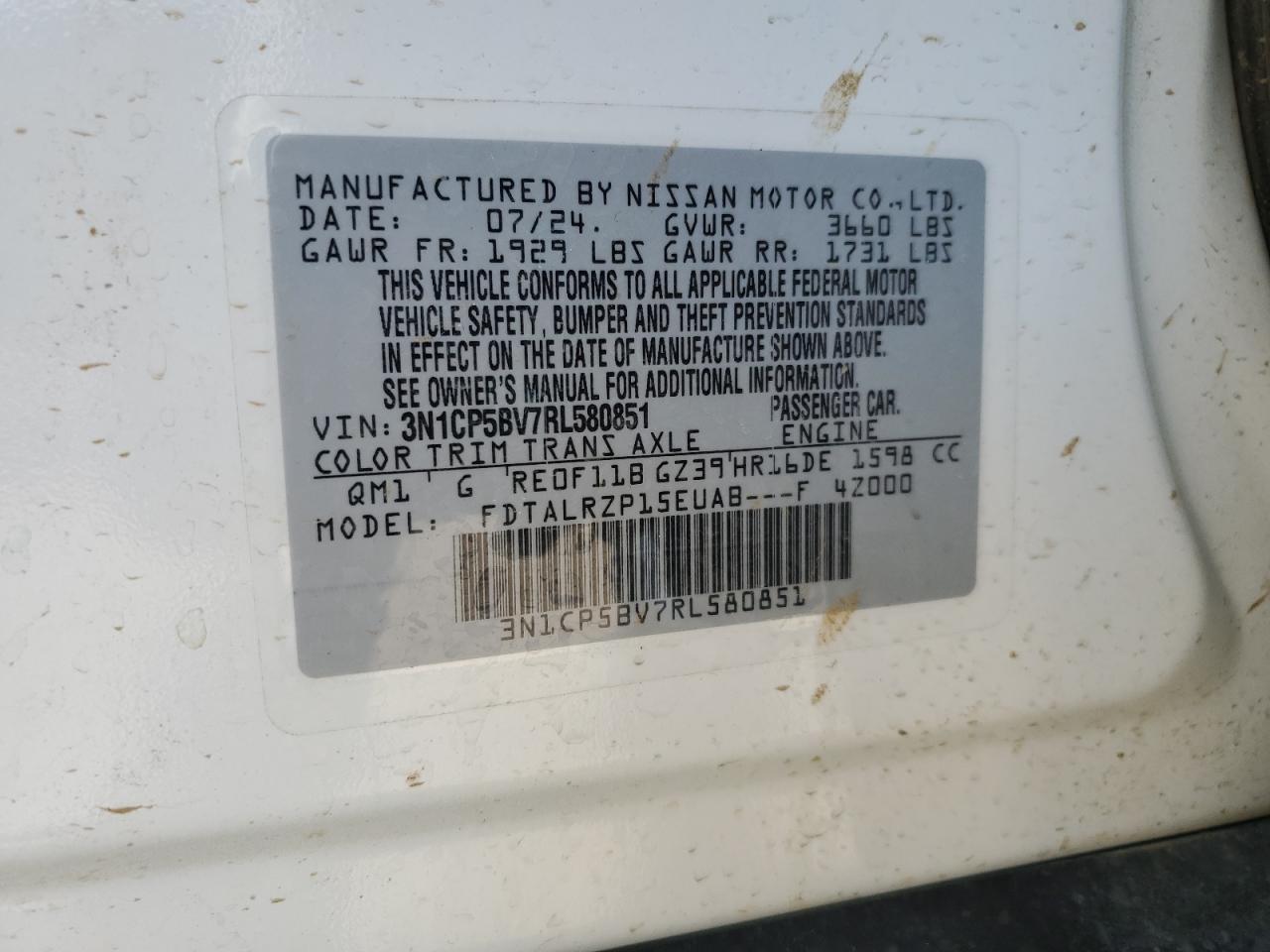 2024 NISSAN KICKS S VIN:3N1CP5BV7RL580851
