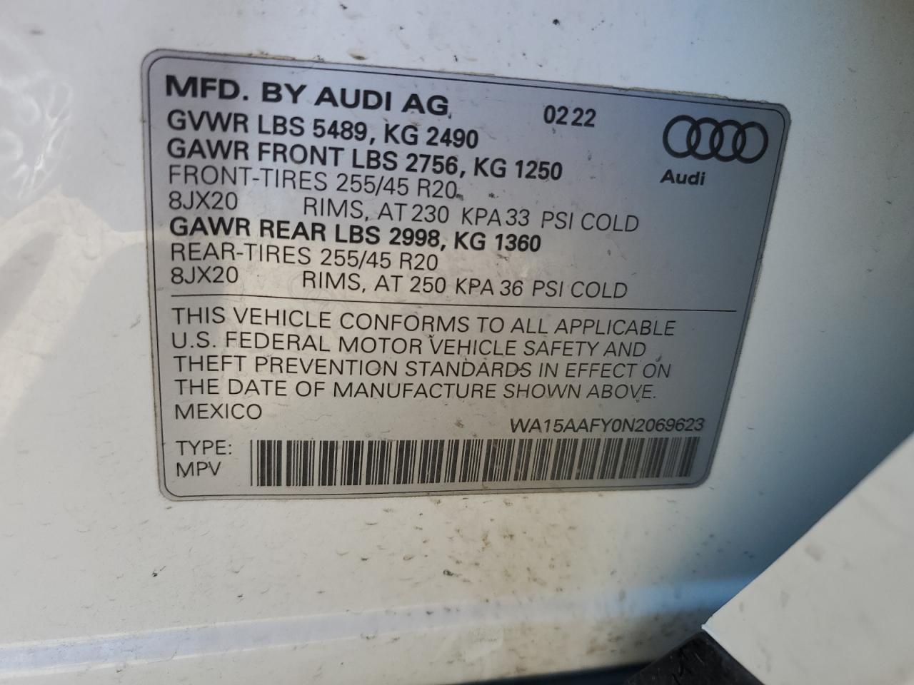 2022 AUDI Q5 SPORTBACK PRM PLS 45 VIN:WA15AAFY0N2069623