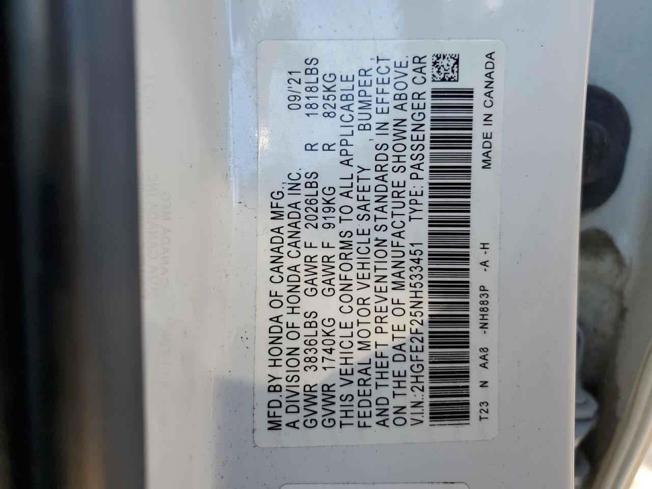 2022 HONDA CIVIC LX VIN:2HGFE2F25NH533451