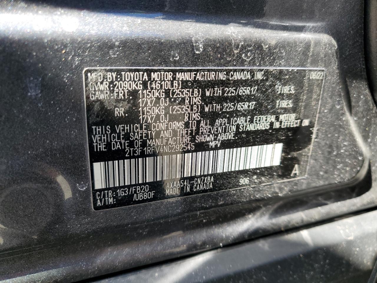 2022 TOYOTA RAV4 LE VIN:2T3F1RFV4NC292545