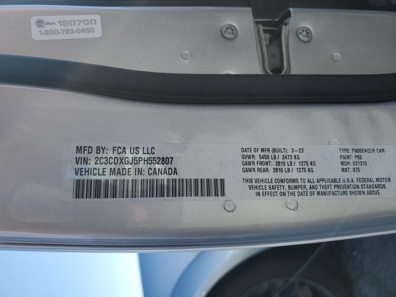 2023 DODGE CHARGER SCAT PACK VIN:2C3CDXGJ5PH552807