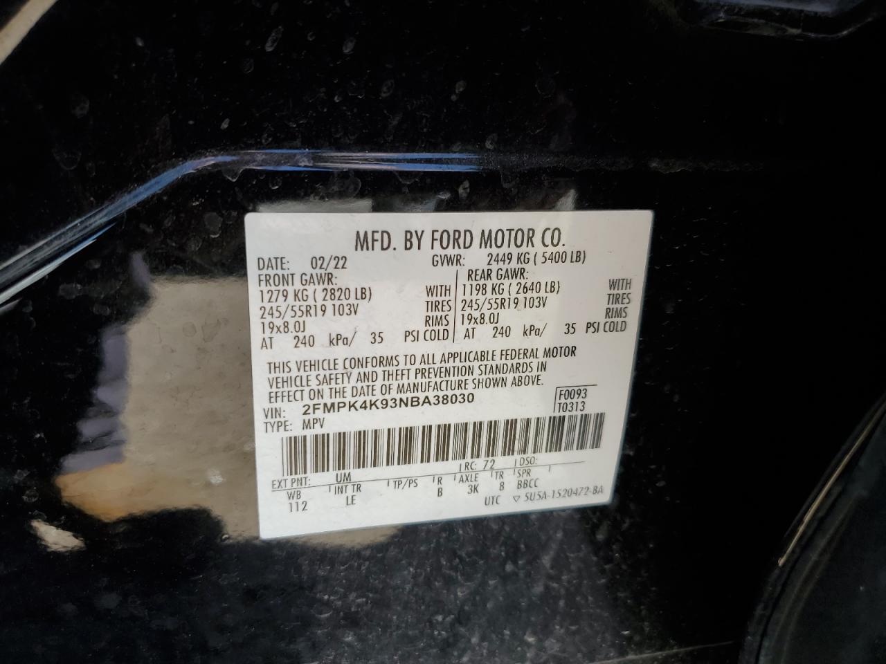 2022 FORD EDGE TITANIUM VIN:2FMPK4K93NBA38030