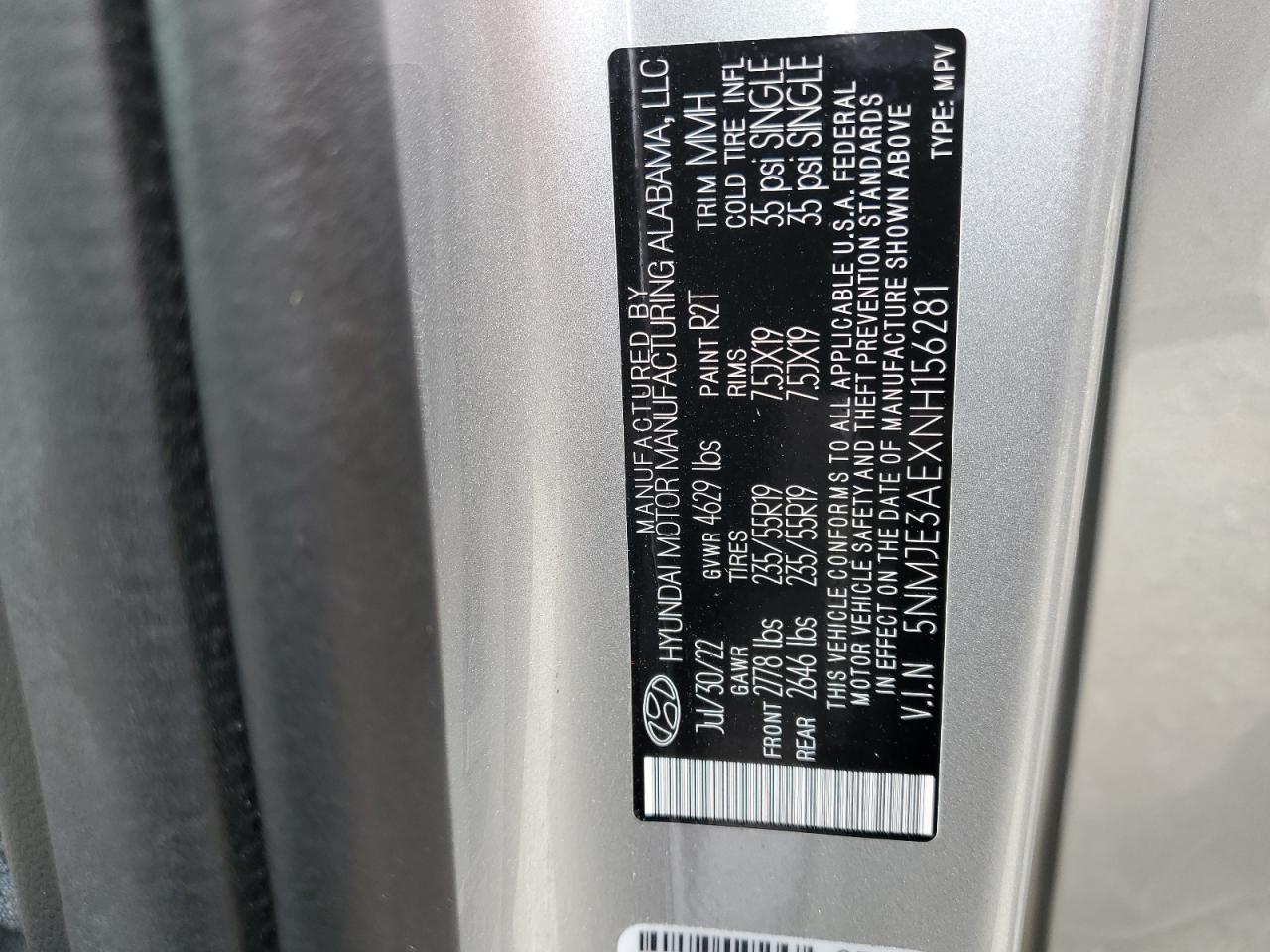 2022 HYUNDAI TUCSON LIMITED VIN:5NMJE3AEXNH156281