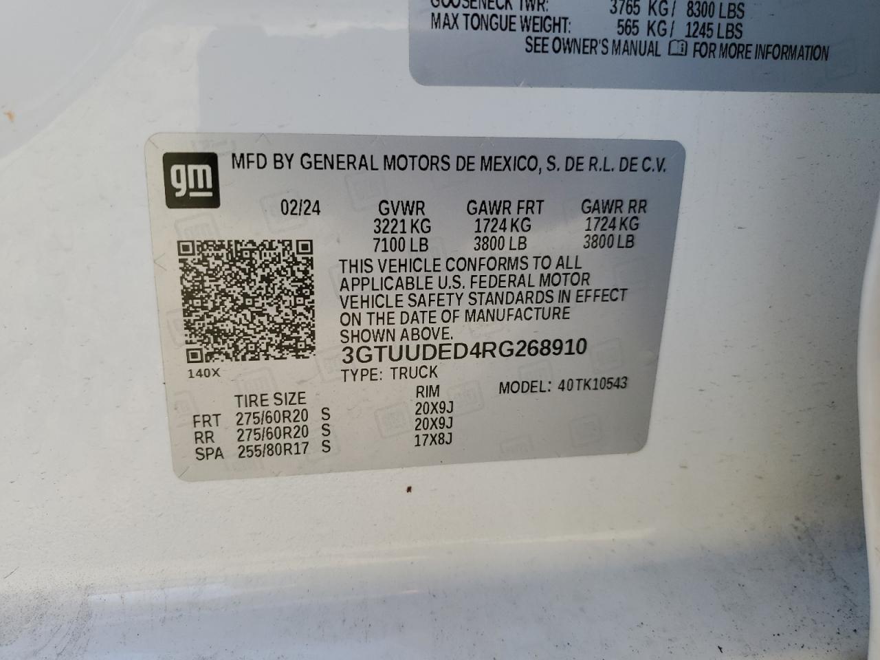 2024 GMC SIERRA K1500 SLT VIN:3GTUUDED4RG268910