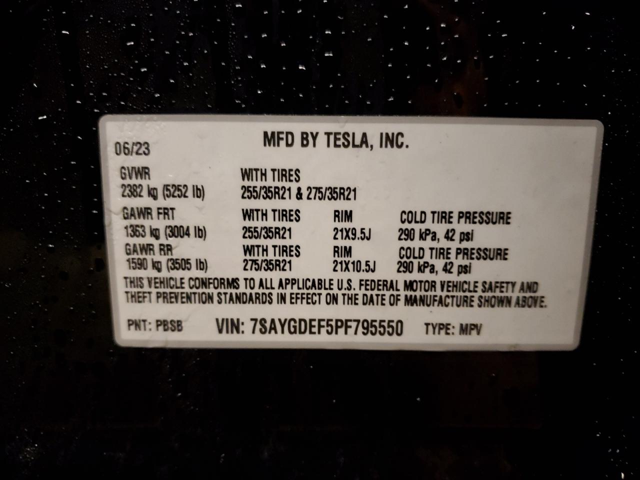 2023 TESLA MODEL Y VIN:7SAYGDEF5PF795550