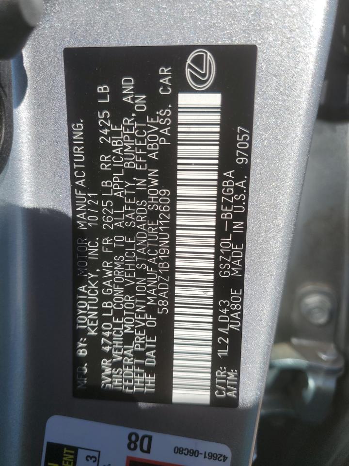 2022 LEXUS ES 350 BASE VIN:58ADZ1B19NU112609