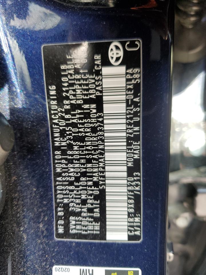 2022 TOYOTA COROLLA LE VIN:5YFEPMAE7NP383743